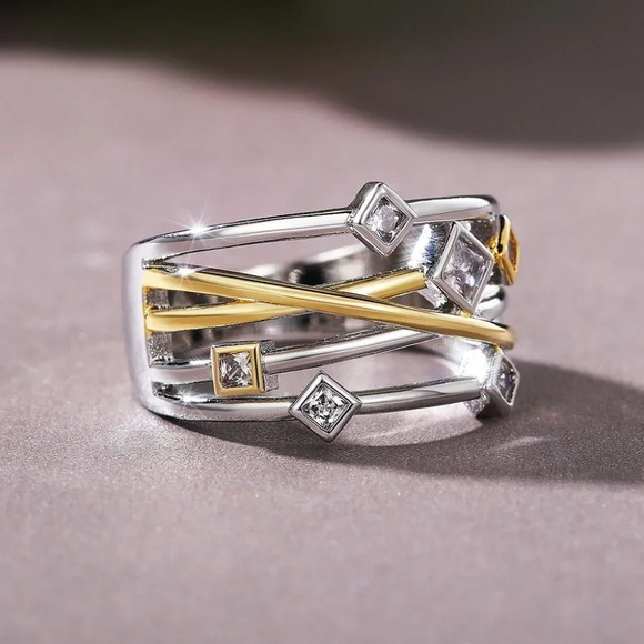 🔥Multi Layer Glitter Square Shape Zircon Gold  Stackable Fashion Ring,UNVN12118 - Picture 4 of 6